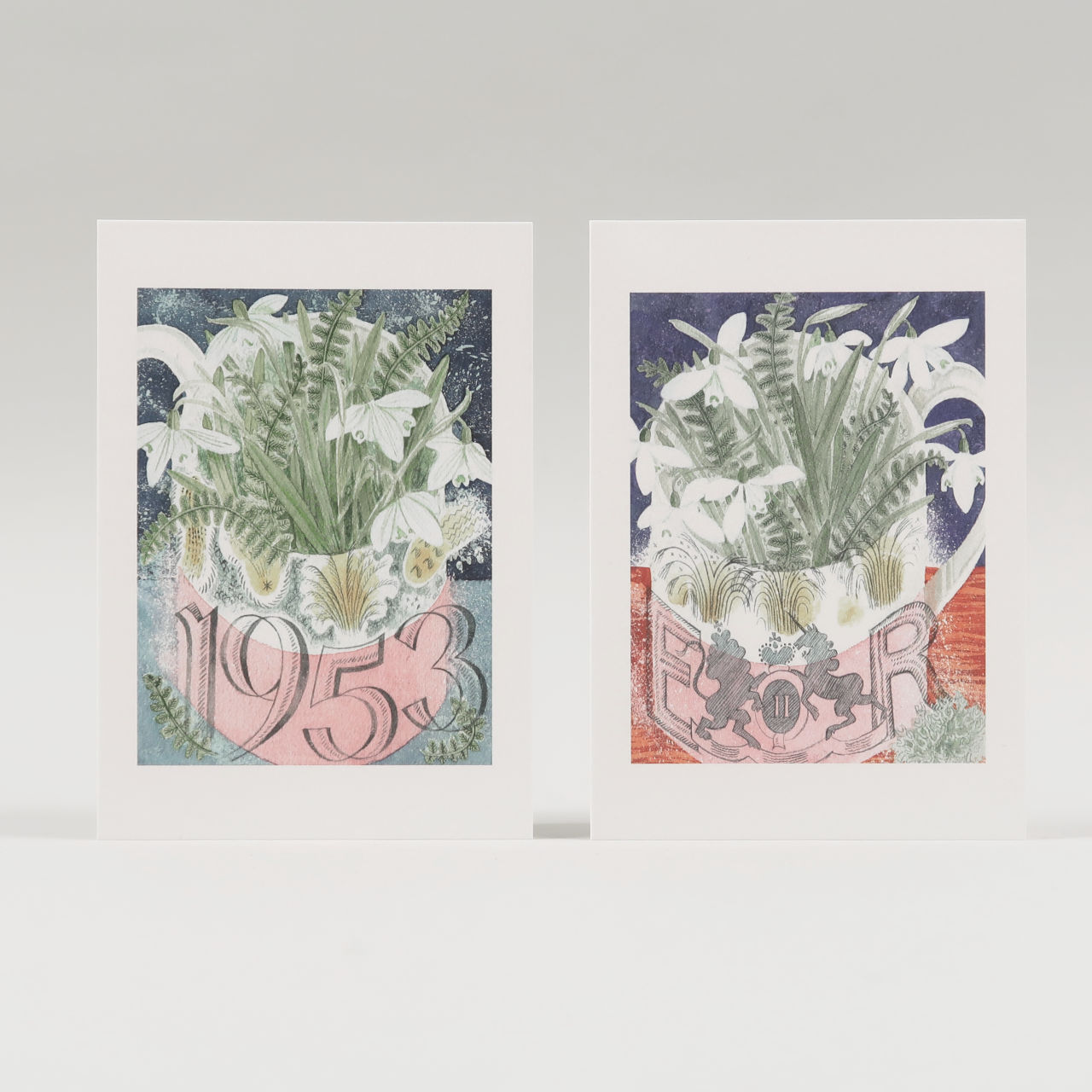 Angie Lewin Notecard Set: February Coronation Mug & 1953 Coronation Mug and Snowdrops